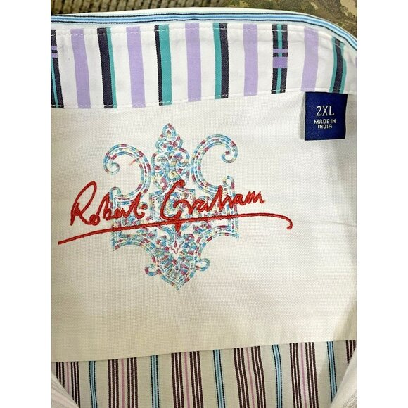 Robert Graham Men's Shirt 2XL Flip Cuff Striped Embroidered Turquoise - Picture 8 of 16